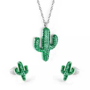 Conjunto de collar y aretes de cactus de acero inoxidable, esmaltados con cristales austriacos color verde
