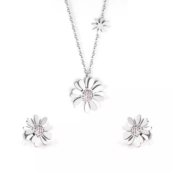 Collar y aretes de flor con cristales en acero
